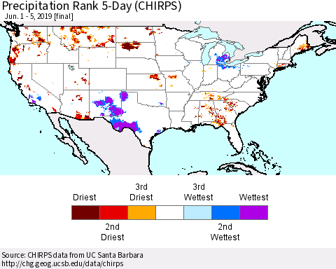 United States Precipitation Rank 5-Day (CHIRPS) Thematic Map For 6/1/2019 - 6/5/2019