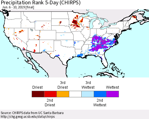 United States Precipitation Rank 5-Day (CHIRPS) Thematic Map For 6/6/2019 - 6/10/2019