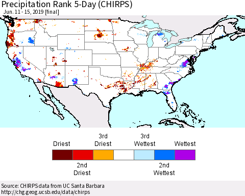 United States Precipitation Rank 5-Day (CHIRPS) Thematic Map For 6/11/2019 - 6/15/2019