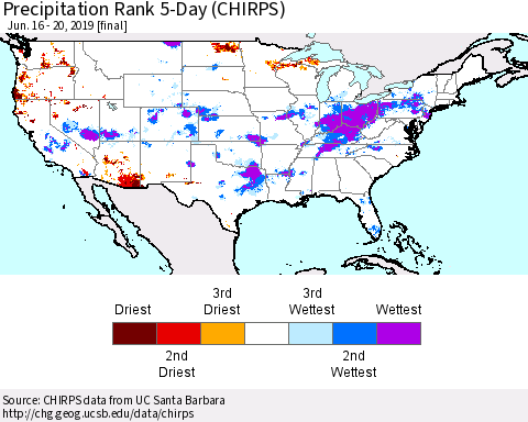 United States Precipitation Rank since 1981, 5-Day (CHIRPS) Thematic Map For 6/16/2019 - 6/20/2019