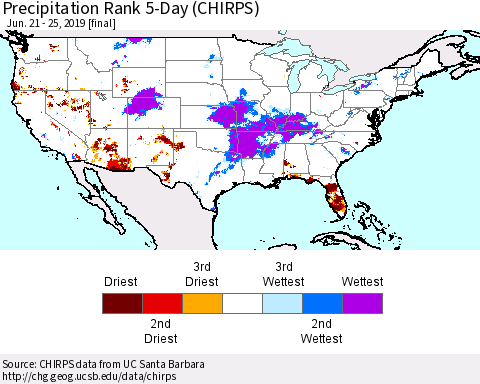 United States Precipitation Rank 5-Day (CHIRPS) Thematic Map For 6/21/2019 - 6/25/2019