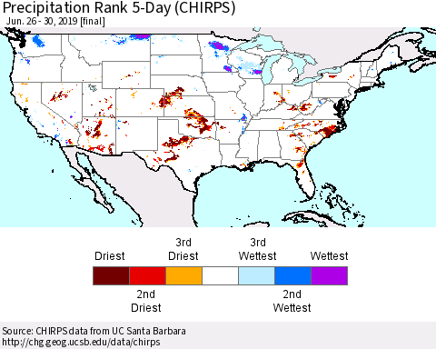 United States Precipitation Rank 5-Day (CHIRPS) Thematic Map For 6/26/2019 - 6/30/2019