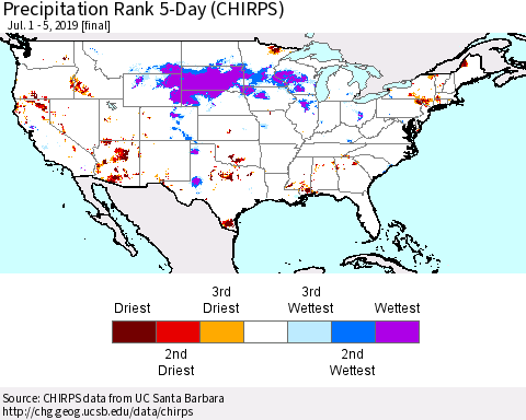 United States Precipitation Rank 5-Day (CHIRPS) Thematic Map For 7/1/2019 - 7/5/2019