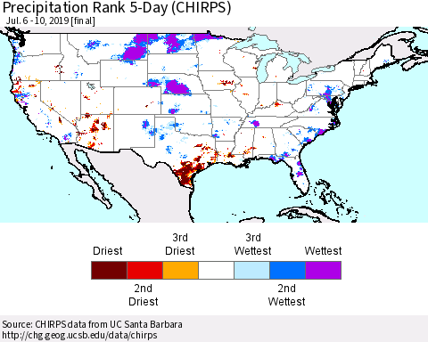 United States Precipitation Rank since 1981, 5-Day (CHIRPS) Thematic Map For 7/6/2019 - 7/10/2019