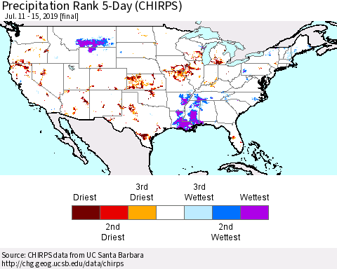 United States Precipitation Rank 5-Day (CHIRPS) Thematic Map For 7/11/2019 - 7/15/2019