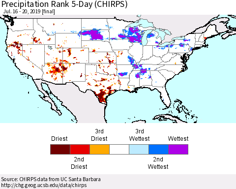 United States Precipitation Rank 5-Day (CHIRPS) Thematic Map For 7/16/2019 - 7/20/2019