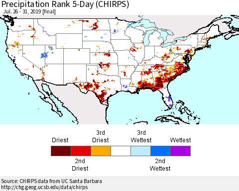 United States Precipitation Rank 5-Day (CHIRPS) Thematic Map For 7/26/2019 - 7/31/2019