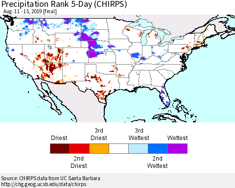 United States Precipitation Rank 5-Day (CHIRPS) Thematic Map For 8/11/2019 - 8/15/2019