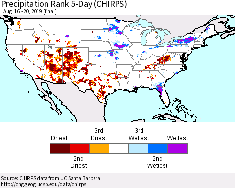 United States Precipitation Rank 5-Day (CHIRPS) Thematic Map For 8/16/2019 - 8/20/2019