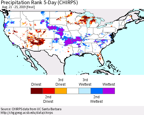 United States Precipitation Rank since 1981, 5-Day (CHIRPS) Thematic Map For 8/21/2019 - 8/25/2019