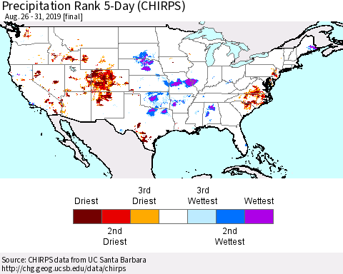 United States Precipitation Rank 5-Day (CHIRPS) Thematic Map For 8/26/2019 - 8/31/2019