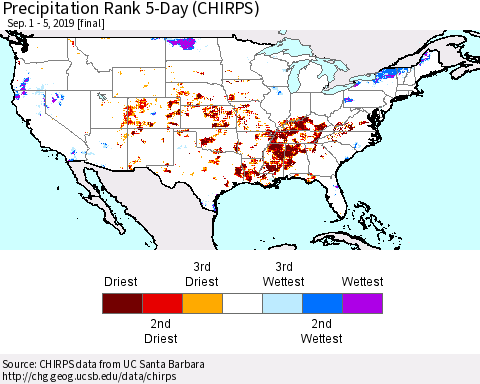 United States Precipitation Rank 5-Day (CHIRPS) Thematic Map For 9/1/2019 - 9/5/2019