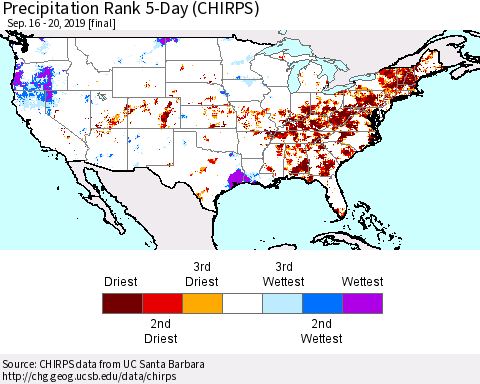 United States Precipitation Rank since 1981, 5-Day (CHIRPS) Thematic Map For 9/16/2019 - 9/20/2019