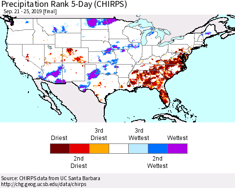 United States Precipitation Rank 5-Day (CHIRPS) Thematic Map For 9/21/2019 - 9/25/2019