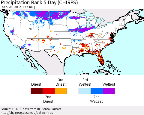 United States Precipitation Rank 5-Day (CHIRPS) Thematic Map For 9/26/2019 - 9/30/2019