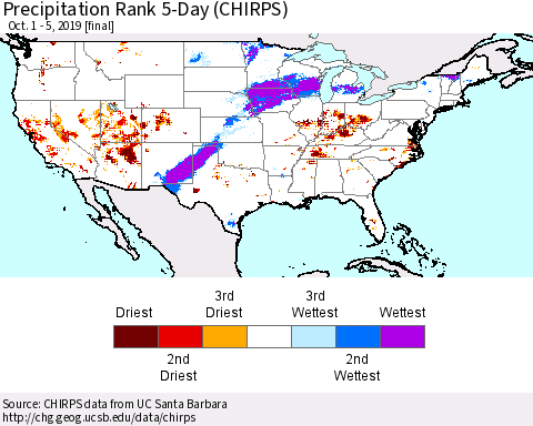 United States Precipitation Rank 5-Day (CHIRPS) Thematic Map For 10/1/2019 - 10/5/2019