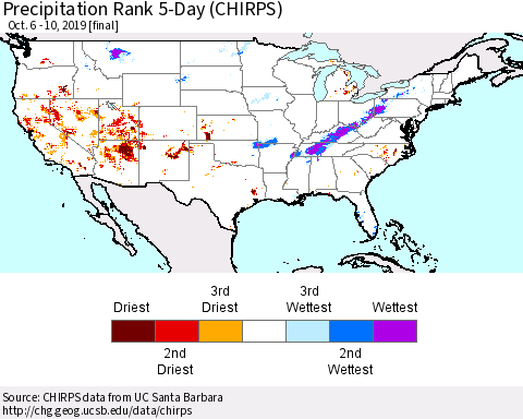 United States Precipitation Rank 5-Day (CHIRPS) Thematic Map For 10/6/2019 - 10/10/2019