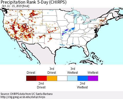 United States Precipitation Rank since 1981, 5-Day (CHIRPS) Thematic Map For 10/11/2019 - 10/15/2019