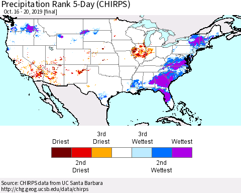 United States Precipitation Rank 5-Day (CHIRPS) Thematic Map For 10/16/2019 - 10/20/2019