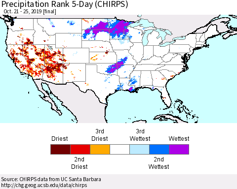 United States Precipitation Rank 5-Day (CHIRPS) Thematic Map For 10/21/2019 - 10/25/2019