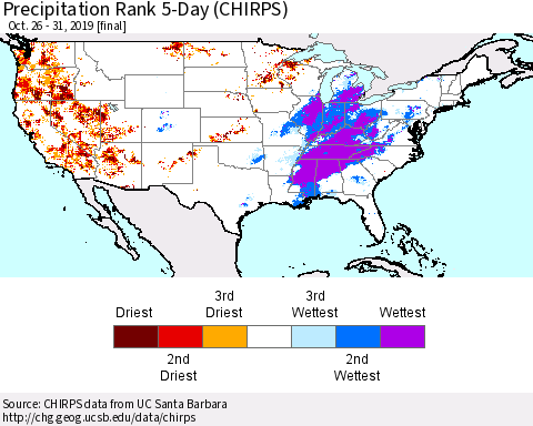 United States Precipitation Rank 5-Day (CHIRPS) Thematic Map For 10/26/2019 - 10/31/2019