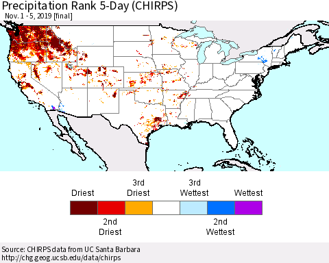 United States Precipitation Rank since 1981, 5-Day (CHIRPS) Thematic Map For 11/1/2019 - 11/5/2019