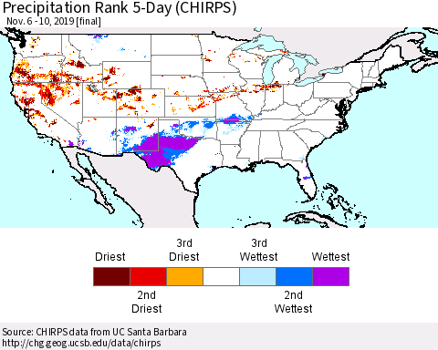 United States Precipitation Rank since 1981, 5-Day (CHIRPS) Thematic Map For 11/6/2019 - 11/10/2019