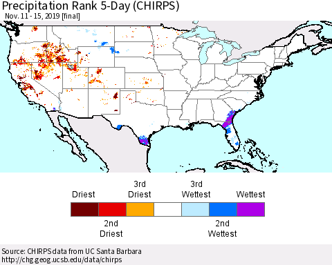 United States Precipitation Rank 5-Day (CHIRPS) Thematic Map For 11/11/2019 - 11/15/2019