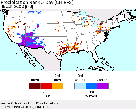 United States Precipitation Rank 5-Day (CHIRPS) Thematic Map For 11/16/2019 - 11/20/2019