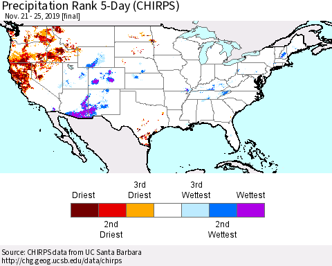 United States Precipitation Rank 5-Day (CHIRPS) Thematic Map For 11/21/2019 - 11/25/2019