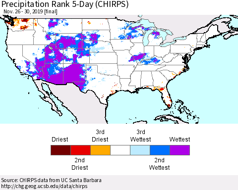 United States Precipitation Rank 5-Day (CHIRPS) Thematic Map For 11/26/2019 - 11/30/2019