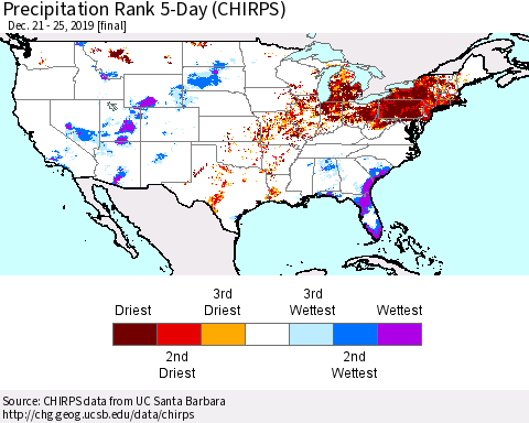 United States Precipitation Rank 5-Day (CHIRPS) Thematic Map For 12/21/2019 - 12/25/2019