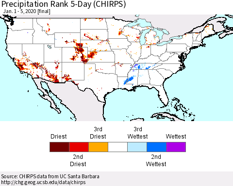 United States Precipitation Rank 5-Day (CHIRPS) Thematic Map For 1/1/2020 - 1/5/2020