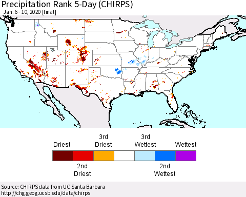United States Precipitation Rank 5-Day (CHIRPS) Thematic Map For 1/6/2020 - 1/10/2020