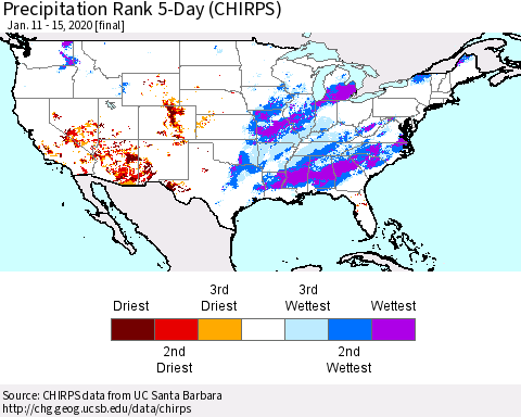 United States Precipitation Rank 5-Day (CHIRPS) Thematic Map For 1/11/2020 - 1/15/2020