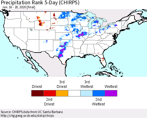 United States Precipitation Rank since 1981, 5-Day (CHIRPS) Thematic Map For 1/16/2020 - 1/20/2020