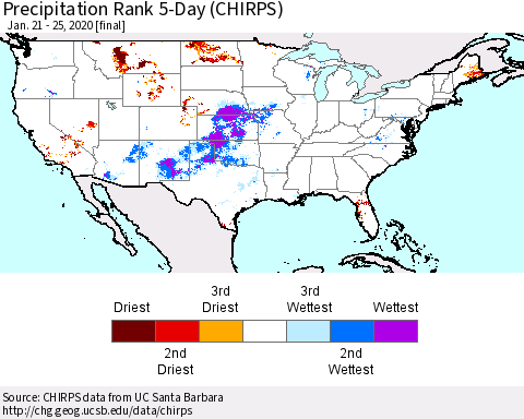 United States Precipitation Rank 5-Day (CHIRPS) Thematic Map For 1/21/2020 - 1/25/2020
