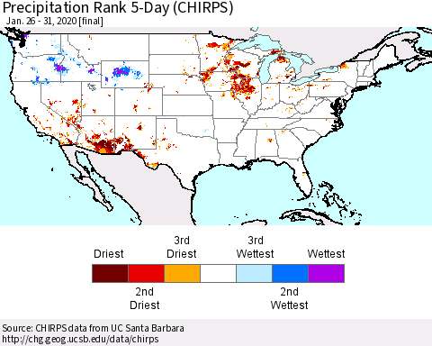 United States Precipitation Rank 5-Day (CHIRPS) Thematic Map For 1/26/2020 - 1/31/2020
