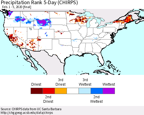 United States Precipitation Rank since 1981, 5-Day (CHIRPS) Thematic Map For 2/1/2020 - 2/5/2020