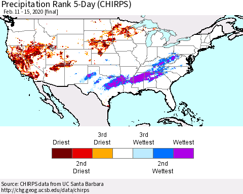 United States Precipitation Rank 5-Day (CHIRPS) Thematic Map For 2/11/2020 - 2/15/2020