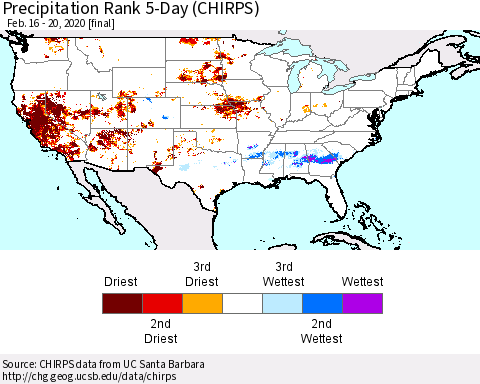 United States Precipitation Rank 5-Day (CHIRPS) Thematic Map For 2/16/2020 - 2/20/2020