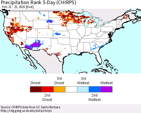 United States Precipitation Rank 5-Day (CHIRPS) Thematic Map For 2/21/2020 - 2/25/2020