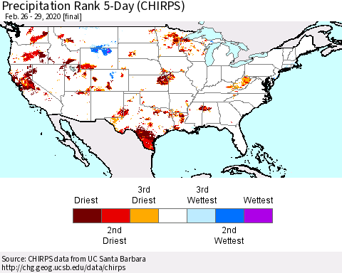 United States Precipitation Rank 5-Day (CHIRPS) Thematic Map For 2/26/2020 - 2/29/2020