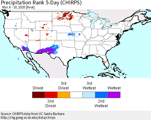 United States Precipitation Rank since 1981, 5-Day (CHIRPS) Thematic Map For 3/6/2020 - 3/10/2020