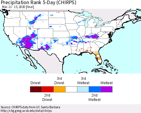 United States Precipitation Rank since 1981, 5-Day (CHIRPS) Thematic Map For 3/11/2020 - 3/15/2020