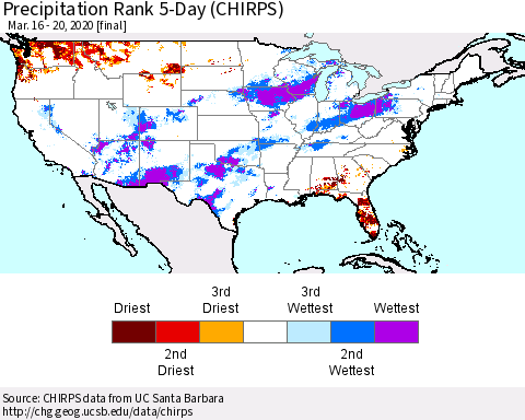 United States Precipitation Rank 5-Day (CHIRPS) Thematic Map For 3/16/2020 - 3/20/2020