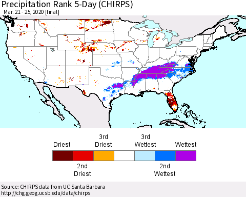 United States Precipitation Rank 5-Day (CHIRPS) Thematic Map For 3/21/2020 - 3/25/2020