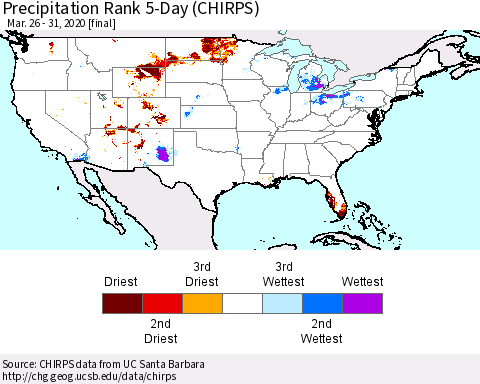 United States Precipitation Rank since 1981, 5-Day (CHIRPS) Thematic Map For 3/26/2020 - 3/31/2020
