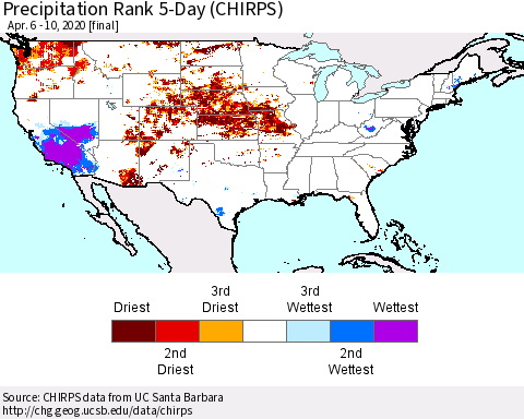 United States Precipitation Rank 5-Day (CHIRPS) Thematic Map For 4/6/2020 - 4/10/2020