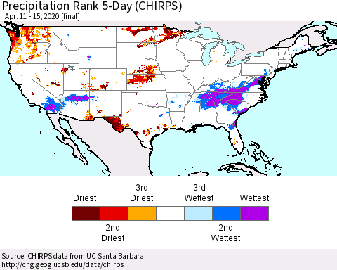United States Precipitation Rank since 1981, 5-Day (CHIRPS) Thematic Map For 4/11/2020 - 4/15/2020